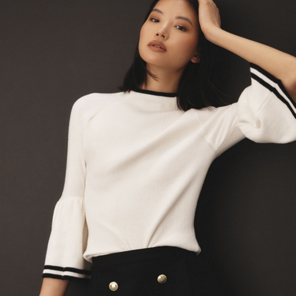 Maeve By Anthropologie Modern Flute Sweater Black & White Bell Sleeves Small